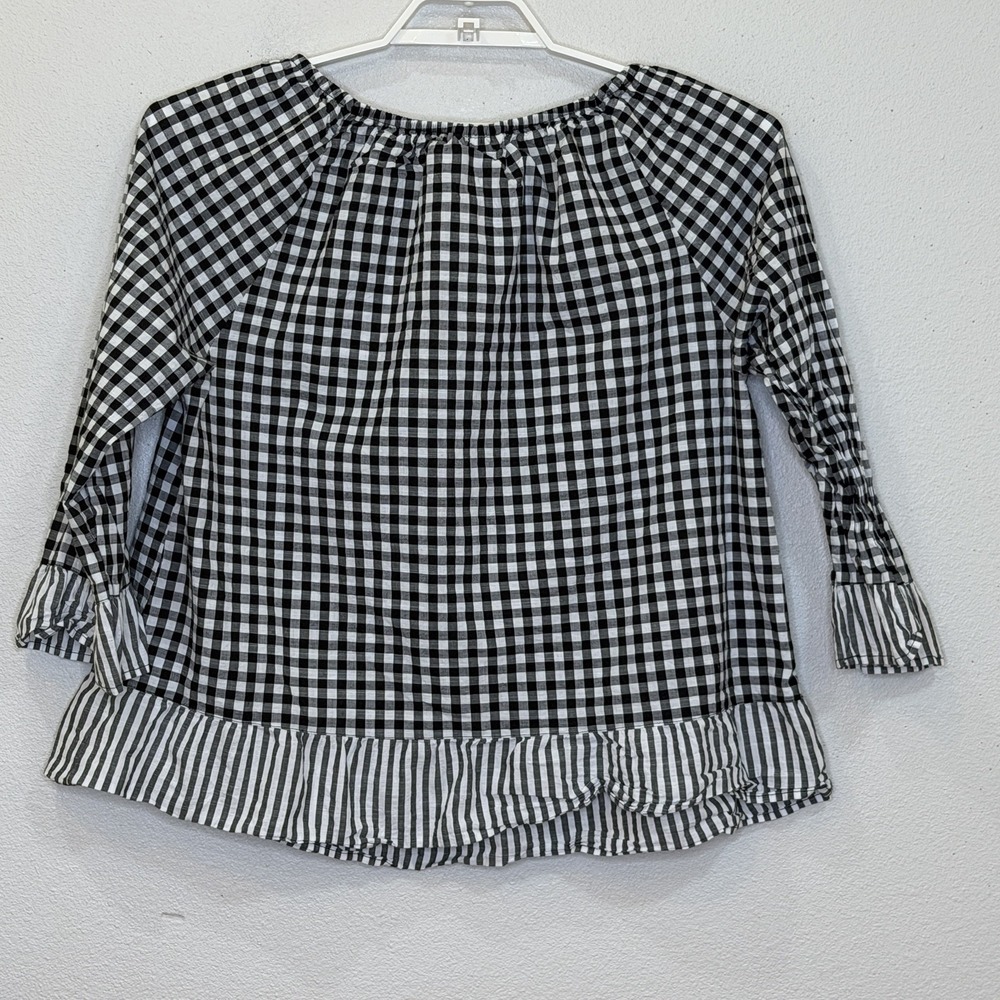 CJ Banks Peasant Top 1X Black Gingham Check 3/4 Sleeve Elastic Boat Neck Cotton - Picture 5 of 8
